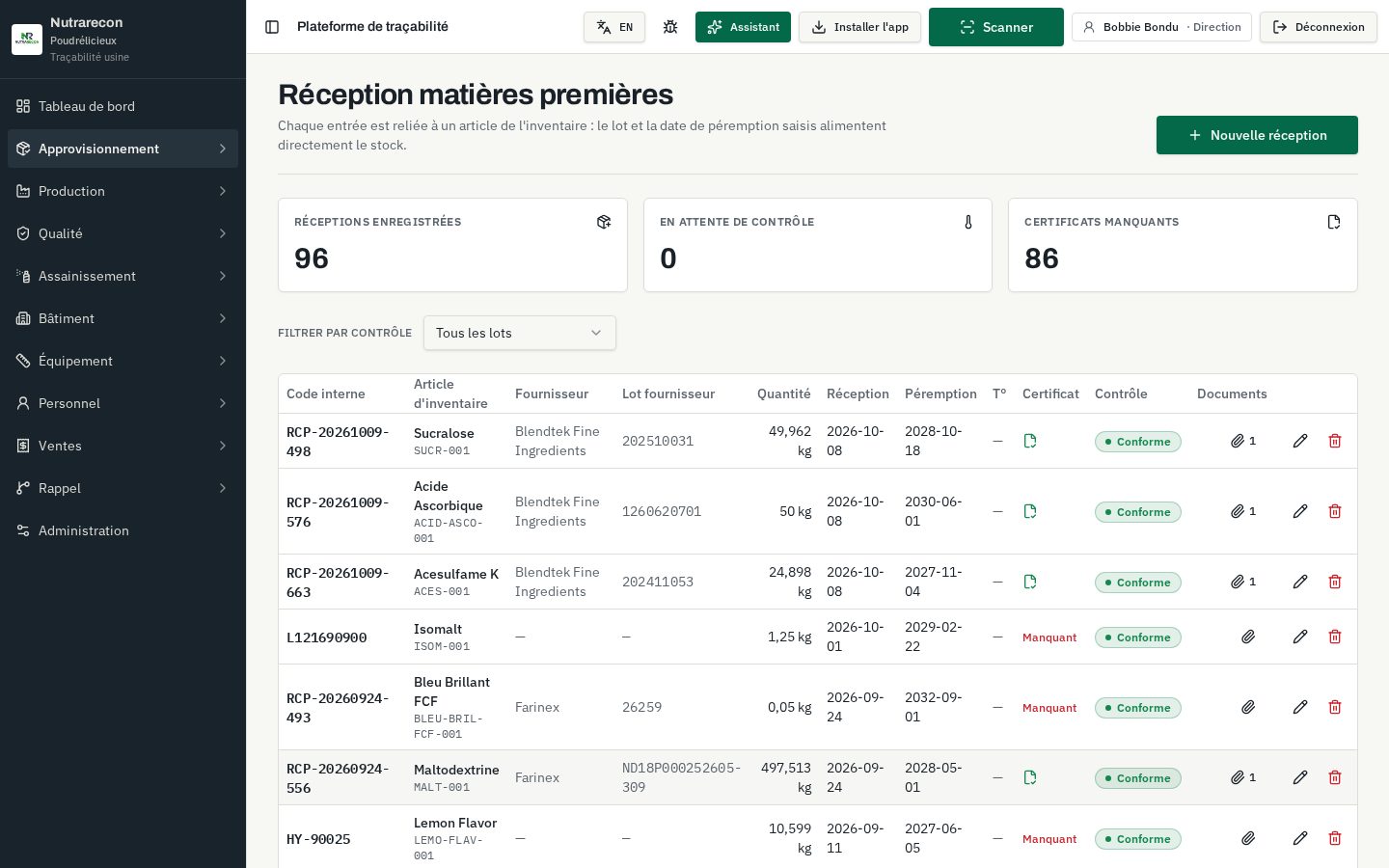 Section Réception de Nutrarecon