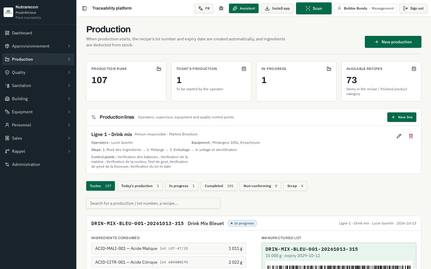 Section Production de Nutrarecon