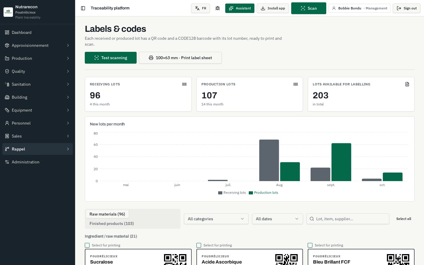Section Étiquettes et codes de Nutrarecon
